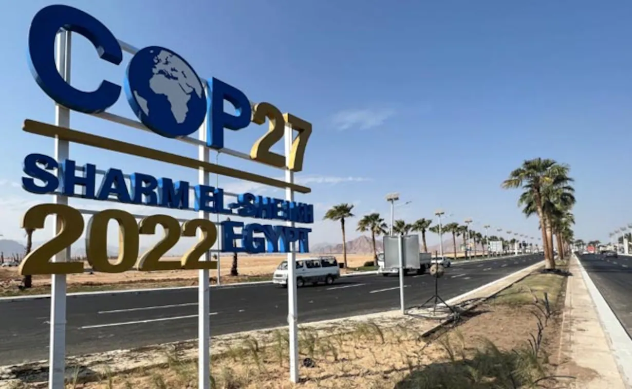 COP27 Sharm El Sheikh conference signage highlighting global climate action and sustainability initiatives