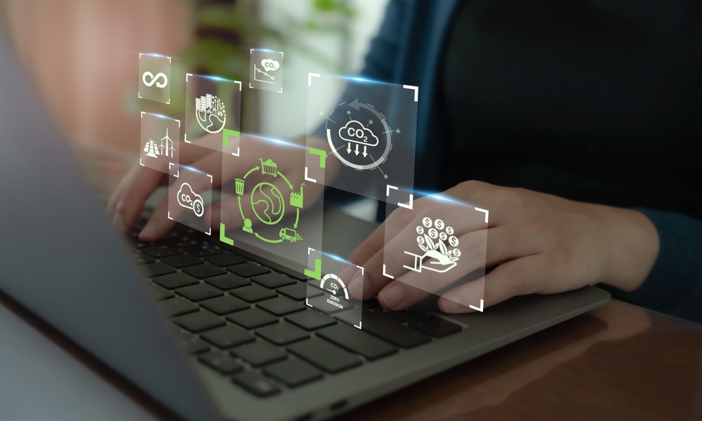 Digital sustainability dashboard displaying carbon footprint, recycling and ESG management on a laptop