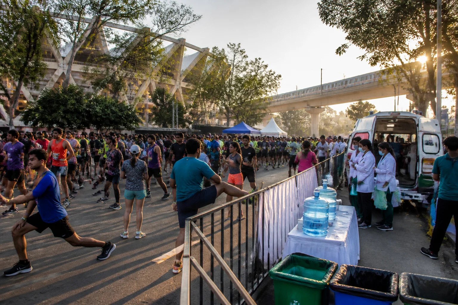 Runners passing a hydration point with waste bins at the Delhi Half Marathon